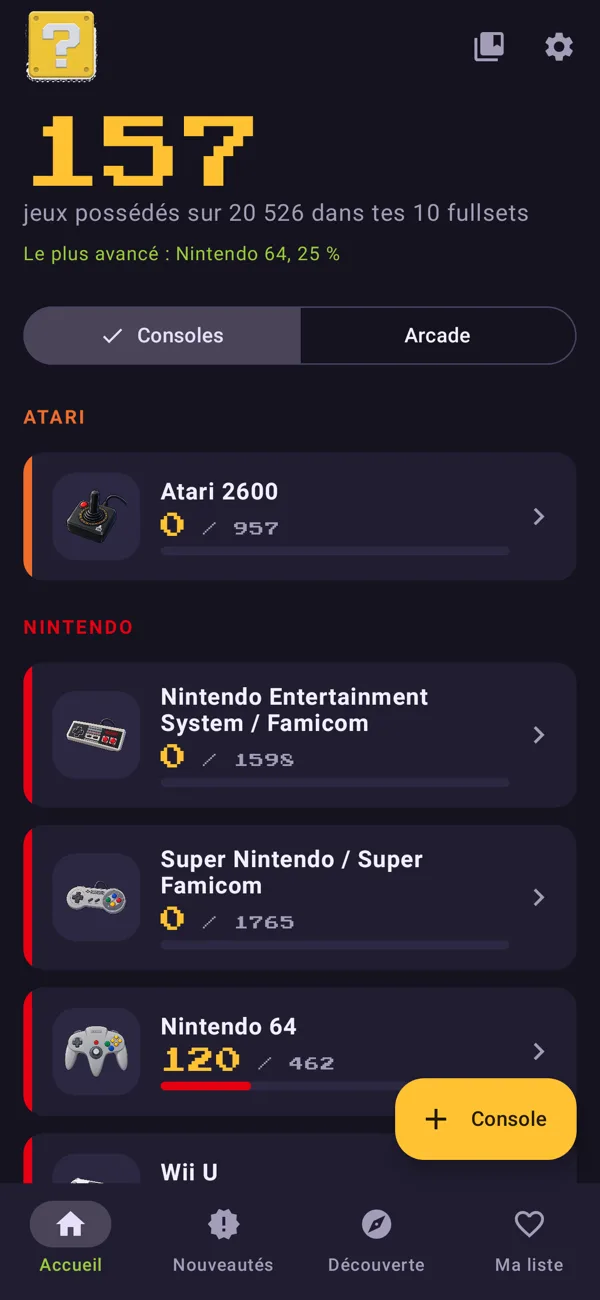 Accueil de FULLSET 1UP : jeux possédés par console